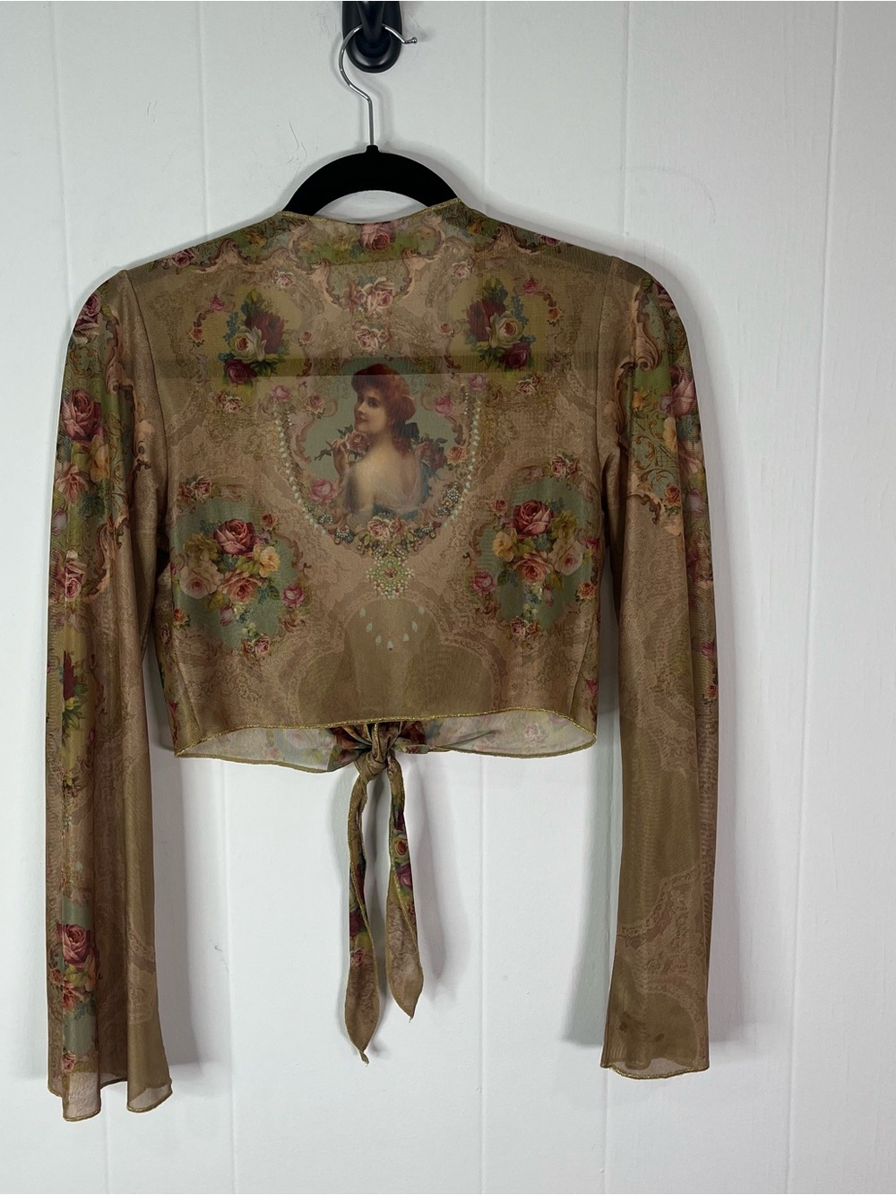 Michal Negrin Floral Portrait Sheer Mesh Bolero Top Sz M Made Israel Victorian